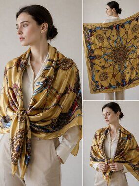 POLA 100% Silk Scarf Gold Ornate Baroque Tassel Design - Oversized 41.5" Square